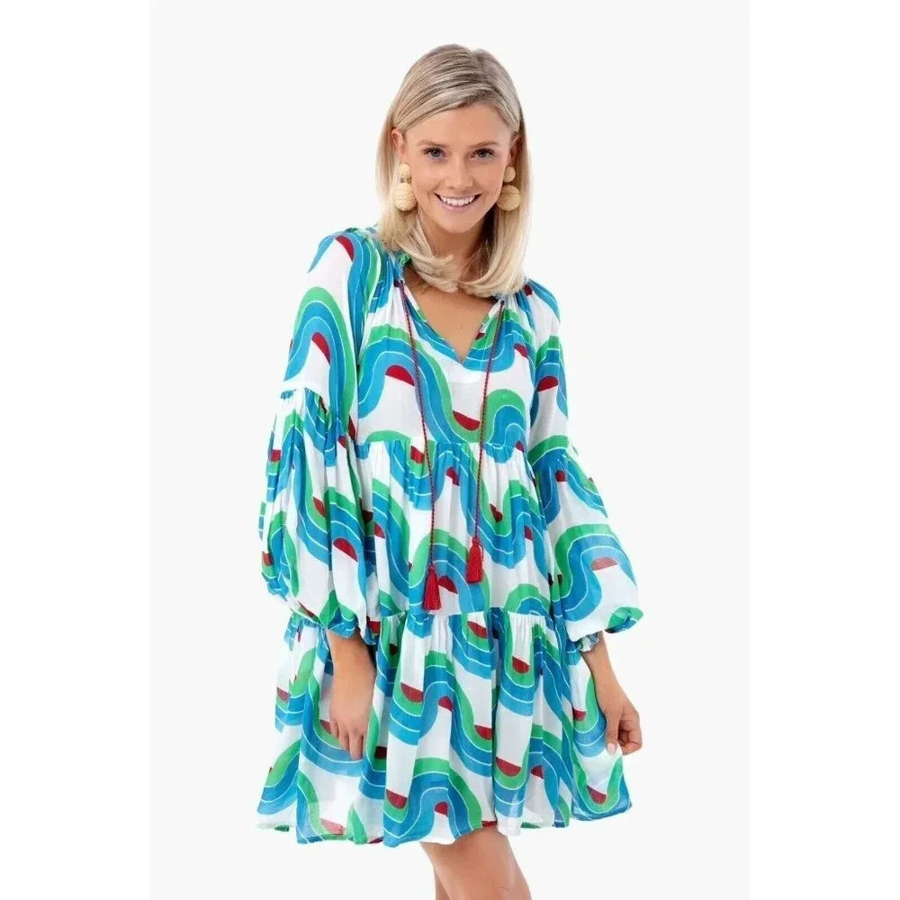 OLIPHANT Nouveau Balloon Sleeve Dress Women’s XS Tiered Tassel Blue Retro Prints